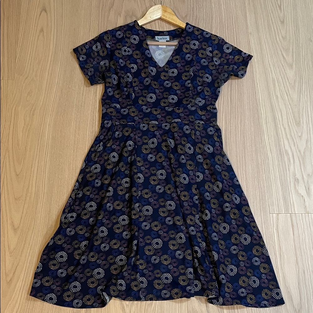 Karina Grimaldi Navy and Gold Patterned Midi Dress